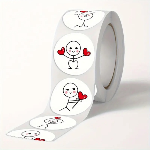 (44) Roll of 500 Whimsical Cartoon Stick Man with Heart Stickers (3/4” diam) - Picture 2 of 6
